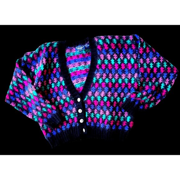 Best American Clothing Co Cardigan Medium Wool Blend Black Geometric Vin… - Picture 3 of 12